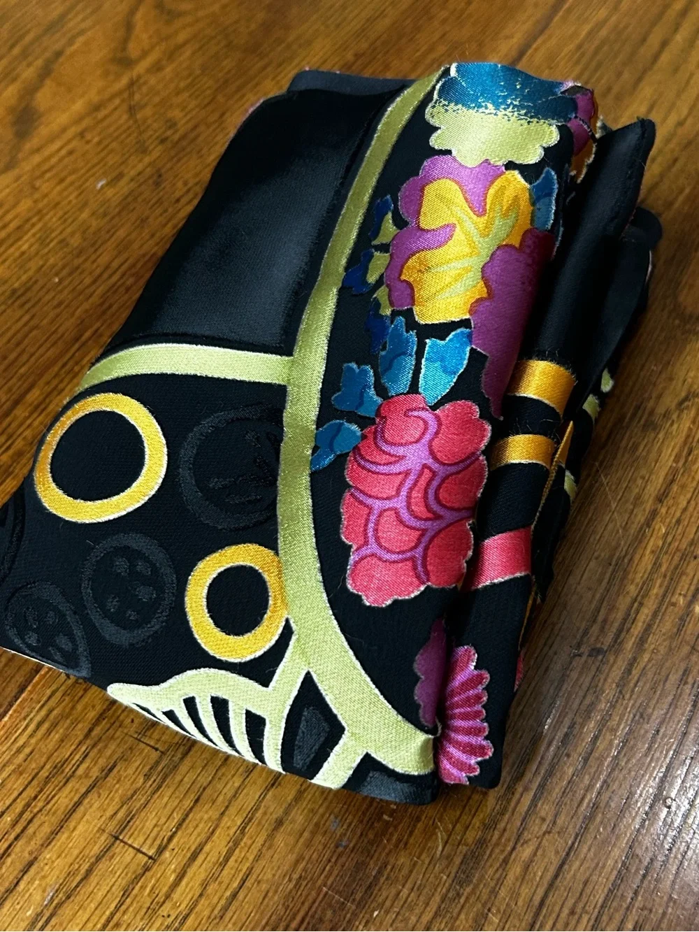Chico’s Silk Blend Asian Fan Floral Oversized Scarf Wrap Shawl Black Multicolor
